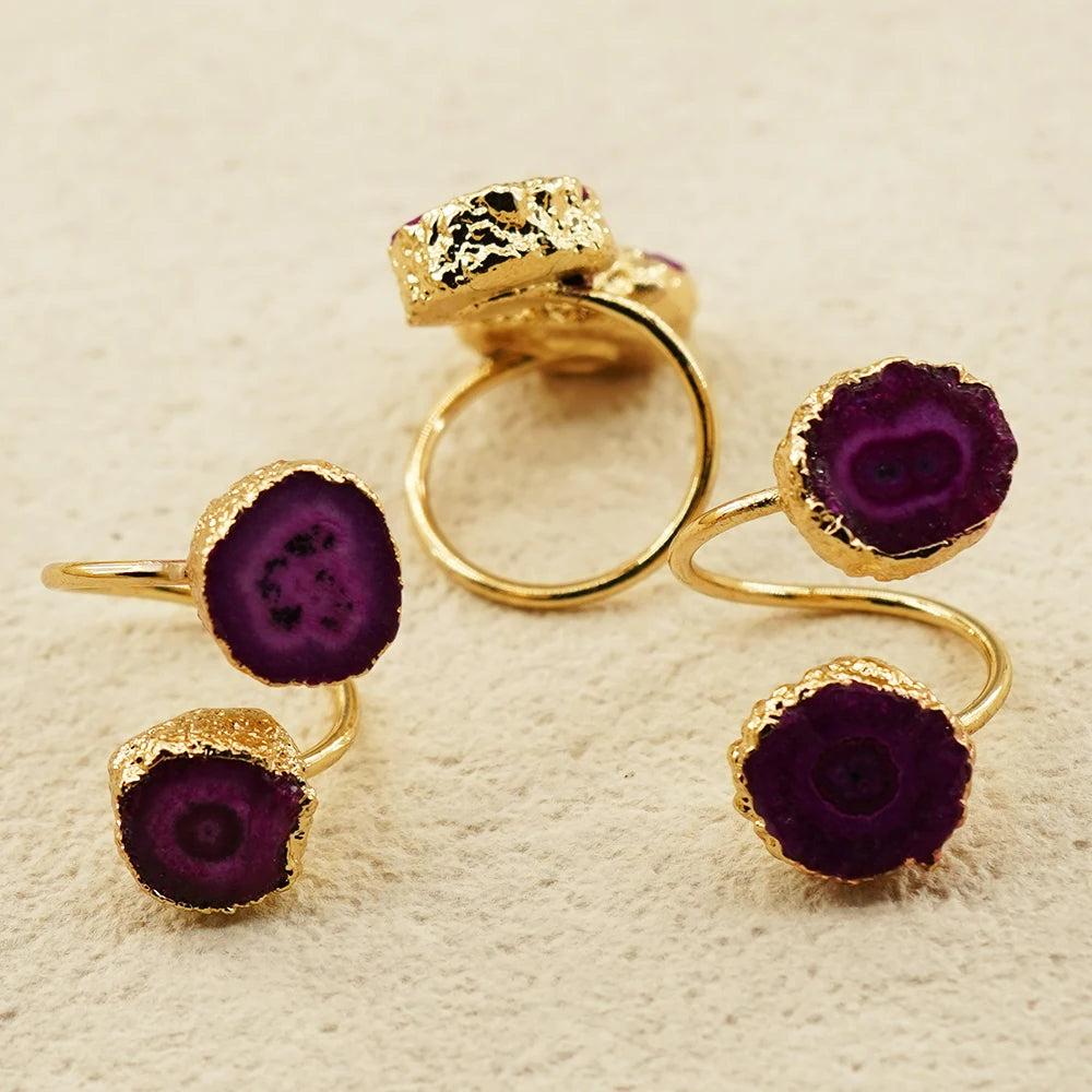 Irregular Agate Slices Open Cross Ring for Women Girls Boho Rough Natural Stone Sunflower Finger Jewelry Wedding Party Gift
