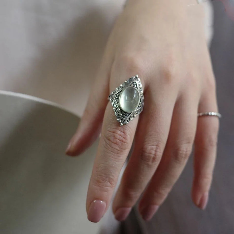 Natural Rose Quartz Oval Gemstone Ring - Vintage Boho Silver Plated Handmade Jewelry for Women Gift Party & Daily Wear - Charlie Dolly