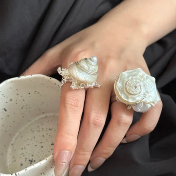 Natural Sea Snail Shell Ring Handmade Wire Wrapped Pearl Open Cuff Ring Beach Boho Statement Jewelry for Women