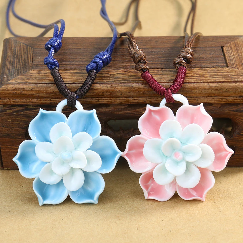 3D Ceramic Lotus Flower Pendant Boho Necklace, Handcrafted Sacred Bloom