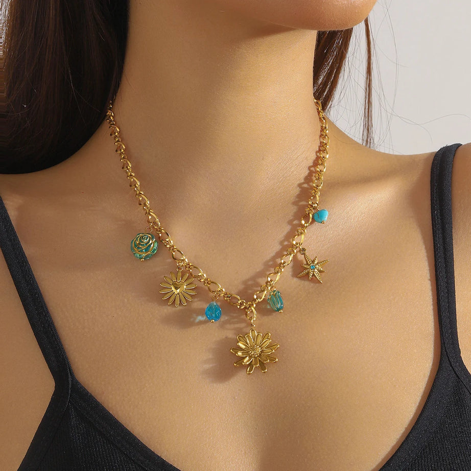 Gold Lotus Flower & Butterfly Pendant Necklace, Stainless Steel Boho Transformation Talisman