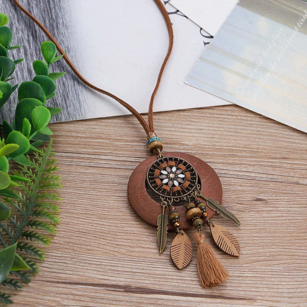 Wood Flower Bead Leaf Tassel Long Necklace Jewelry