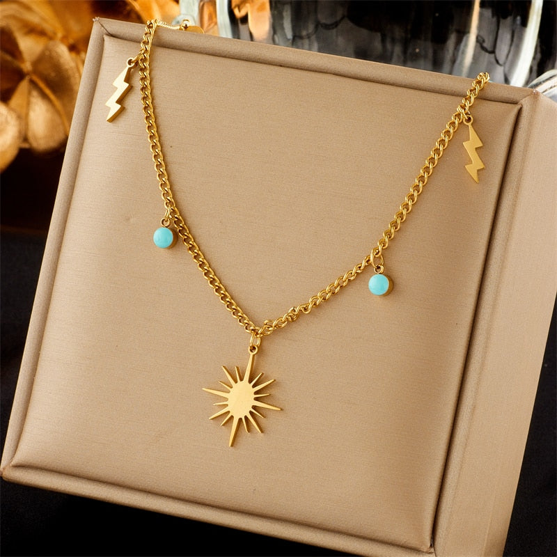 DIEYURO 316L Stainless Steel Butterfly Moon Lock Blue Eyes Pendant Necklace For Women Multilayer Choker Chain Jewelry Gifts - Charlie Dolly