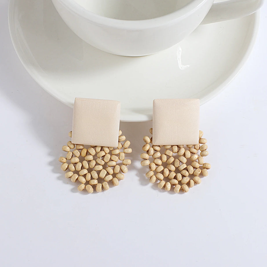 Wooden Rattan Braid Geometric Drop Earrings Jewelry
