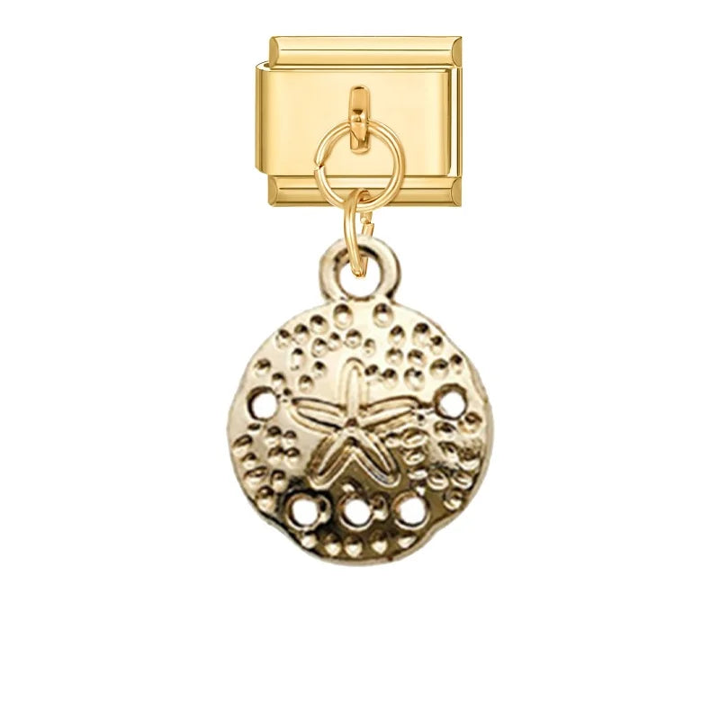 Vintage Golden Sea Shell Conch Starfish Dolphin Turtles Pendant Bead Fit 9mm Italian Charm Bracelet Stainless Steel DIY Making