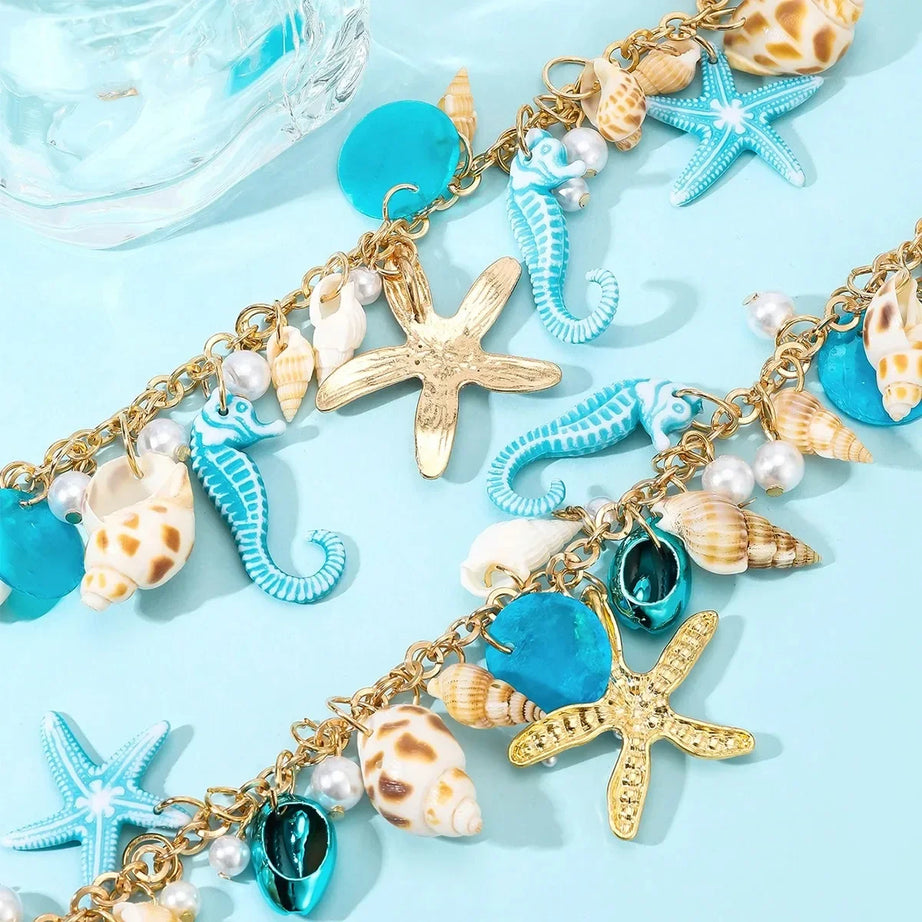 Bohemian Conch, Starfish and Shell Beaded Bangle Bracelet