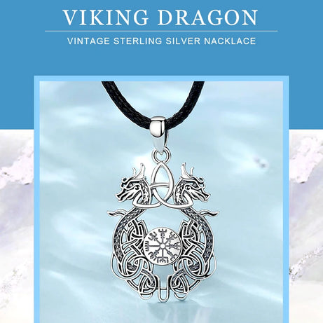 Sterling Silver 925 Viking Dragon Celtic Knot Compass Necklace, Norse Amulet