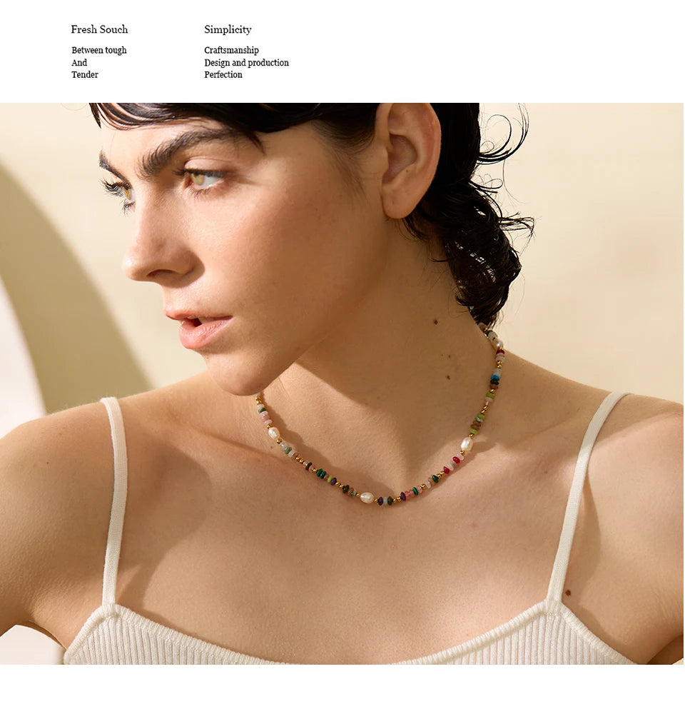 Yhpup Y2K Natural Pearl Stone Colorful Handmade Boho Necklace Women Stainless Steel Aesthetic Gold Color Fashion Jewelry