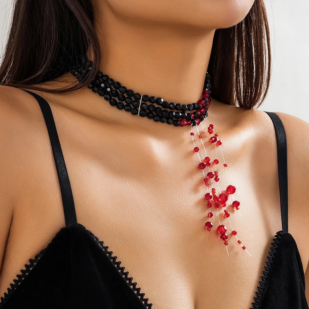 Salircon Gothic Multi layered Black Crystal Bead Choker Fashion Red Bead Tassel Pendant Necklace Women Halloween Cosplay Jewelry - Charlie Dolly