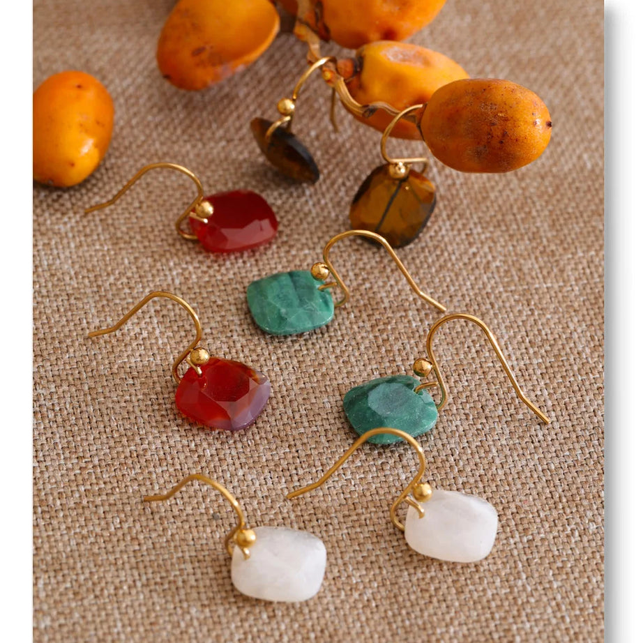 Natural Stone Square Drop Earrings, Tiger Eye Agate 14K Gold-Plated Stainless Steel Jewelry