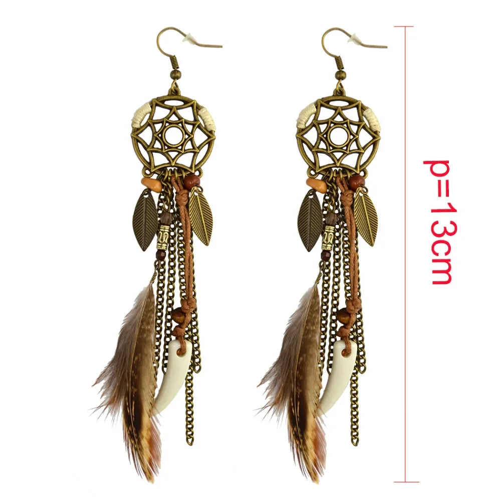 Boho Ethnic Dream Catcher Feather Antique Long Hook Earrings Fancy Handmade Chain Tassle Earring For Women Jewelry
