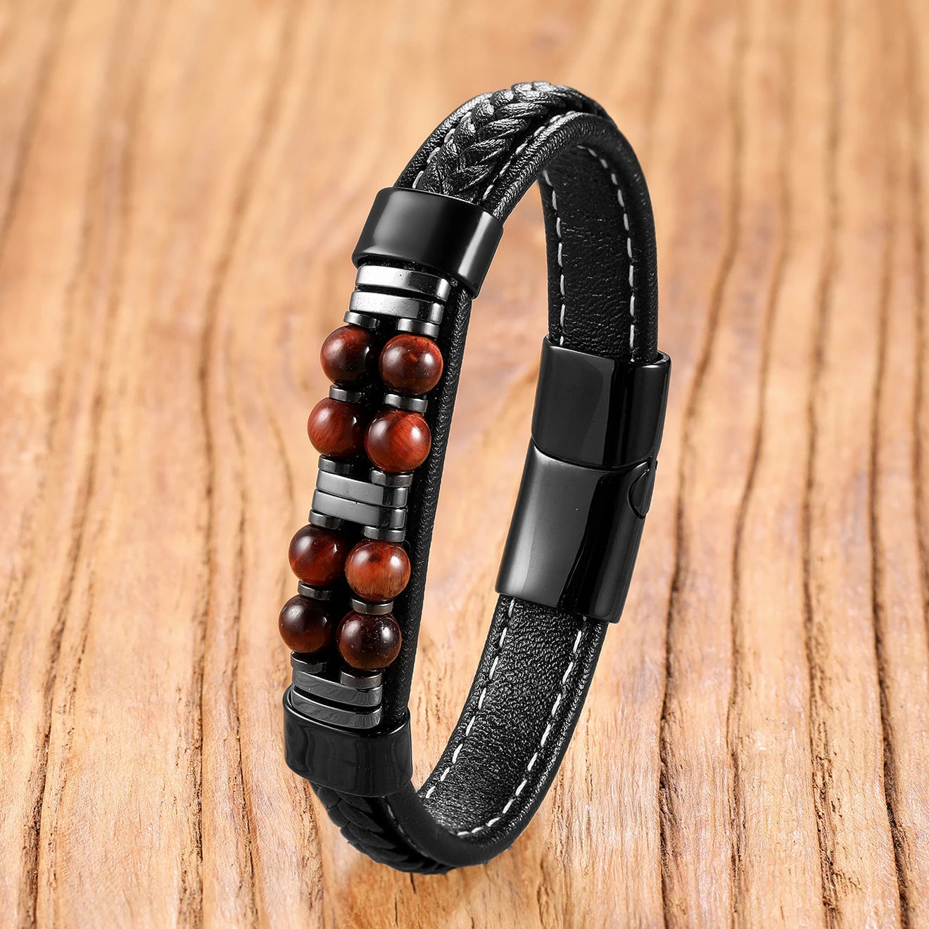13 Styles Natural Stone Bead Bracelets, Handmade Leather Cord Jewelry with Stainless Steel Clasp, Boho Gift for Women Man