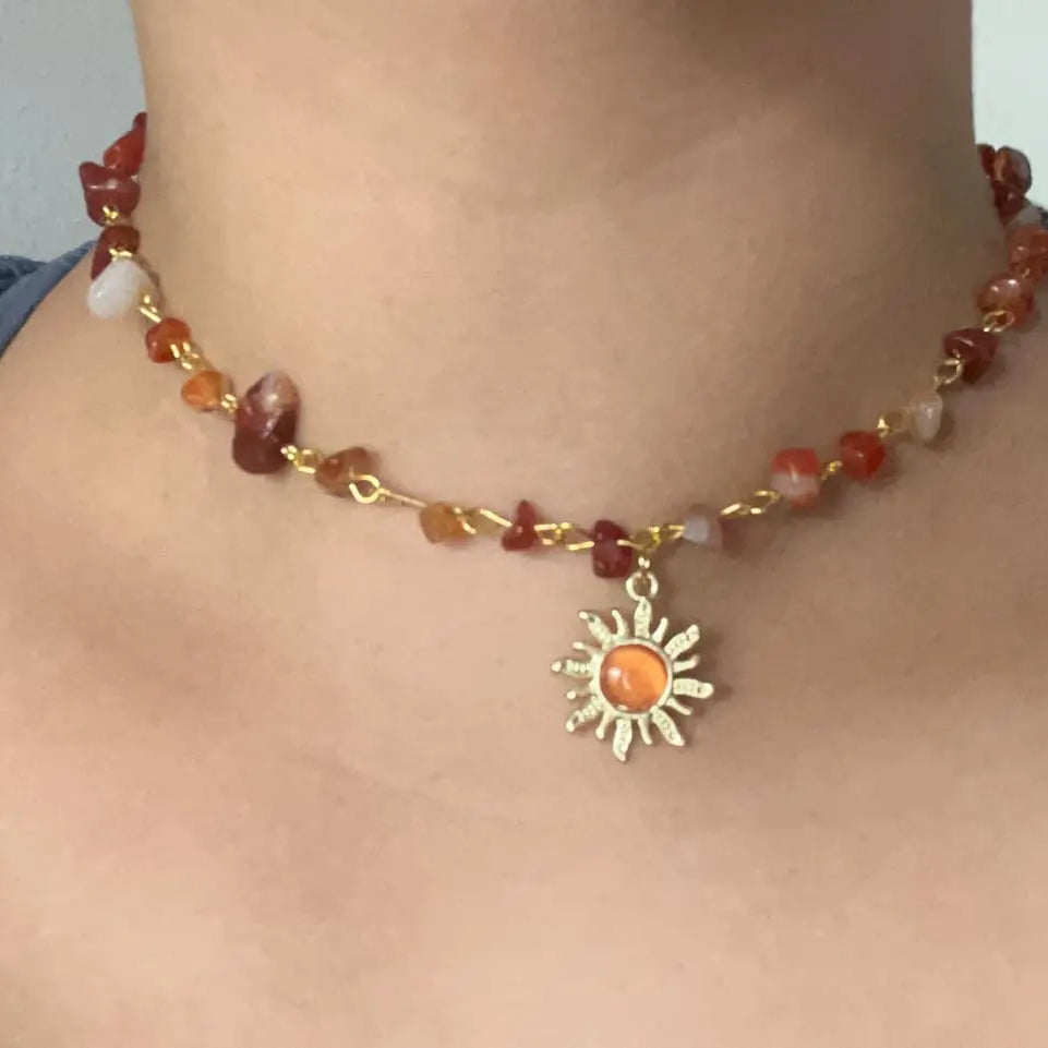 Natural Stone Boho Hippie Sun Necklace for Women Teen Girls, 18K Gold Palted Crystal Choker, Birthday Christmas Jewelry Gifts - Charlie Dolly