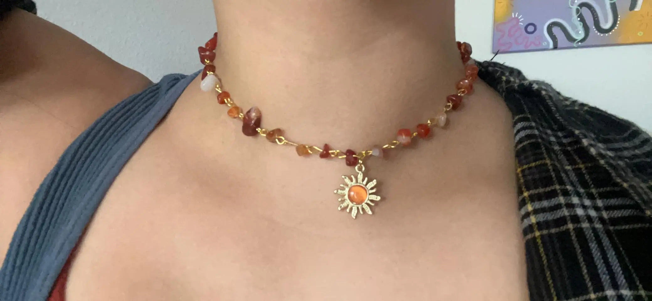 Natural Stone Boho Hippie Sun Necklace for Women Teen Girls, 18K Gold Palted Crystal Choker, Birthday Christmas Jewelry Gifts