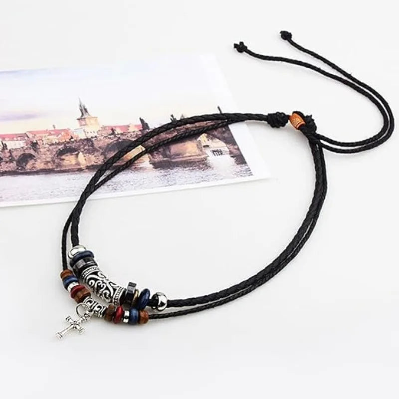 Braided Leather Cross Teeth Pendant Necklace Jewelry