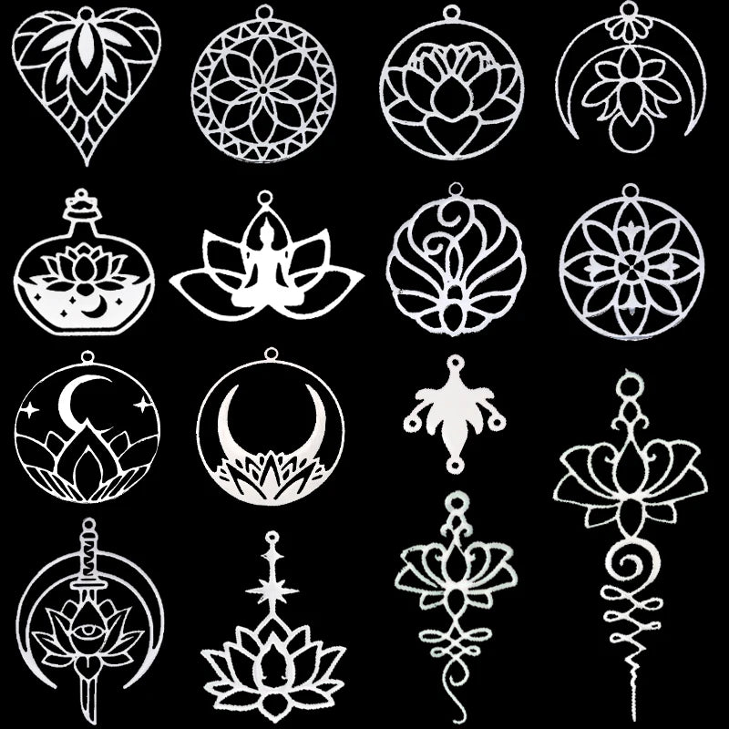 3pcs Exquiaite Amulet Moon Lotus Flower Charms DIY Craft Earrings Necklace Jewelry Making Yogo Buddhism Stainless Steel Pendant