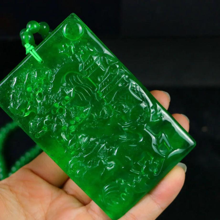 Myanmar Ice Jadeite Carved Landscape Amulet Necklace, Sacred Mountain Talisman
