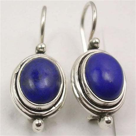 Ethnic Silver Color Imitation Lapis Lazuli Dangle Earrings Woman Carving Oval Party Daily Wear - Charlie Dolly