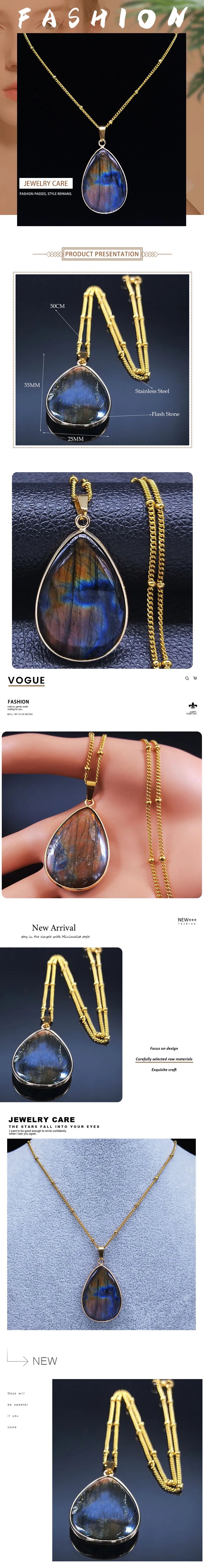 Boho Blue Labradorite Palm Necklace Water Drop Natural Healing Gem Stones Pendant Necklaces Reiki Moonstone Energy Jewelry NHH31