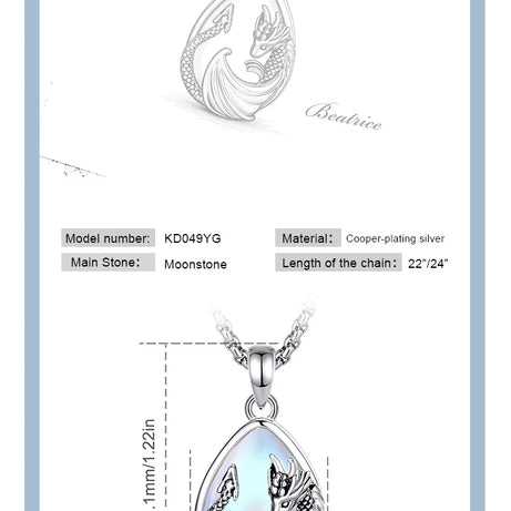 Moonstone Dragon Crescent Pendant Necklace, Celestial Guardian Amulet
