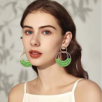 Raffia Hoop Earrings for Women Girls Fun Boho Summer Beach Earrings Lightweight Handmade Straw Wicker Rattan Dangle Earrings