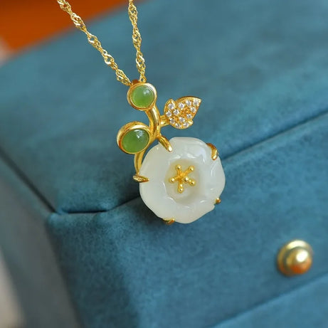 White Hotan Jade Lotus Flower Pendant Necklace, Classic Boho Sacred Talisman