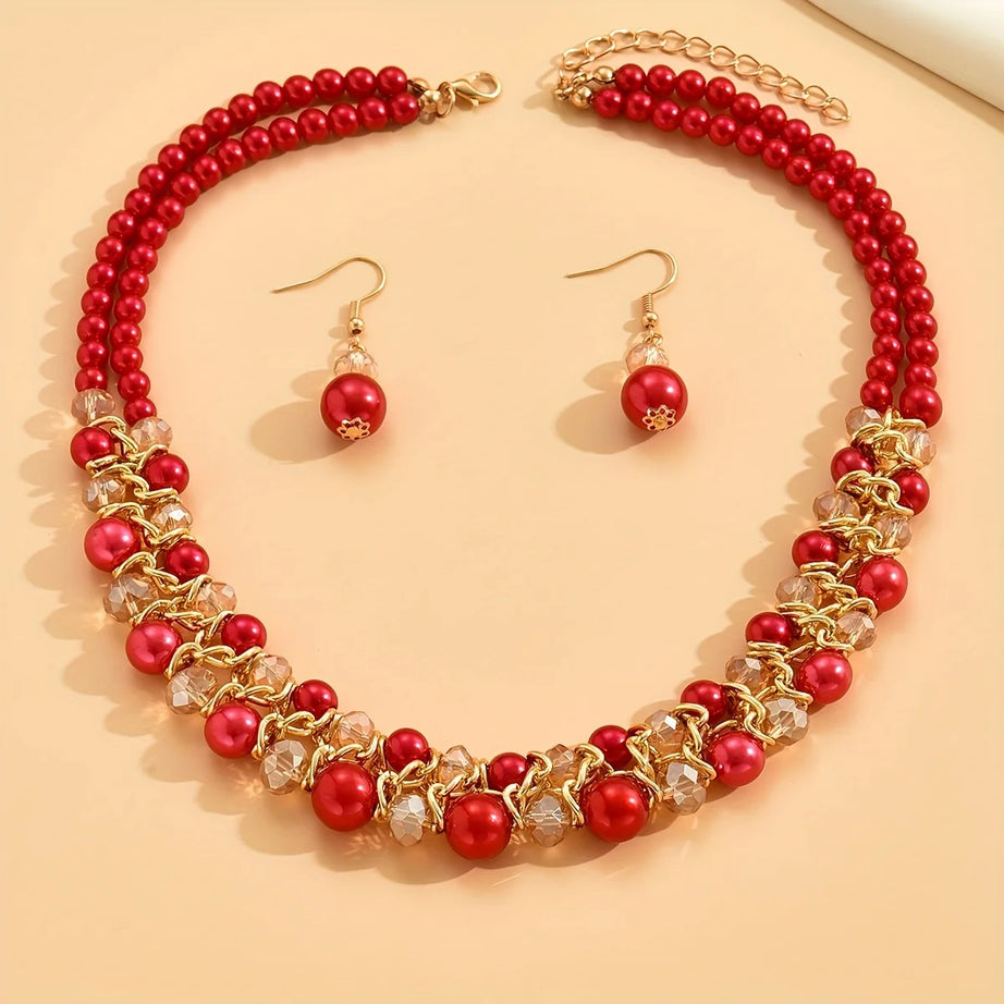 Gemstone Double Layer Necklace Earring Set Jewelry