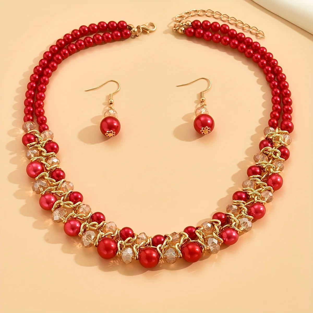 Gemstone Double Layer Necklace Earring Set Jewelry