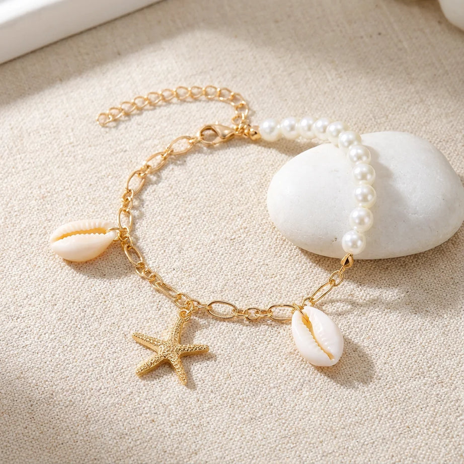 Cowrie Shell and Starfish Charm Boho Bracelet