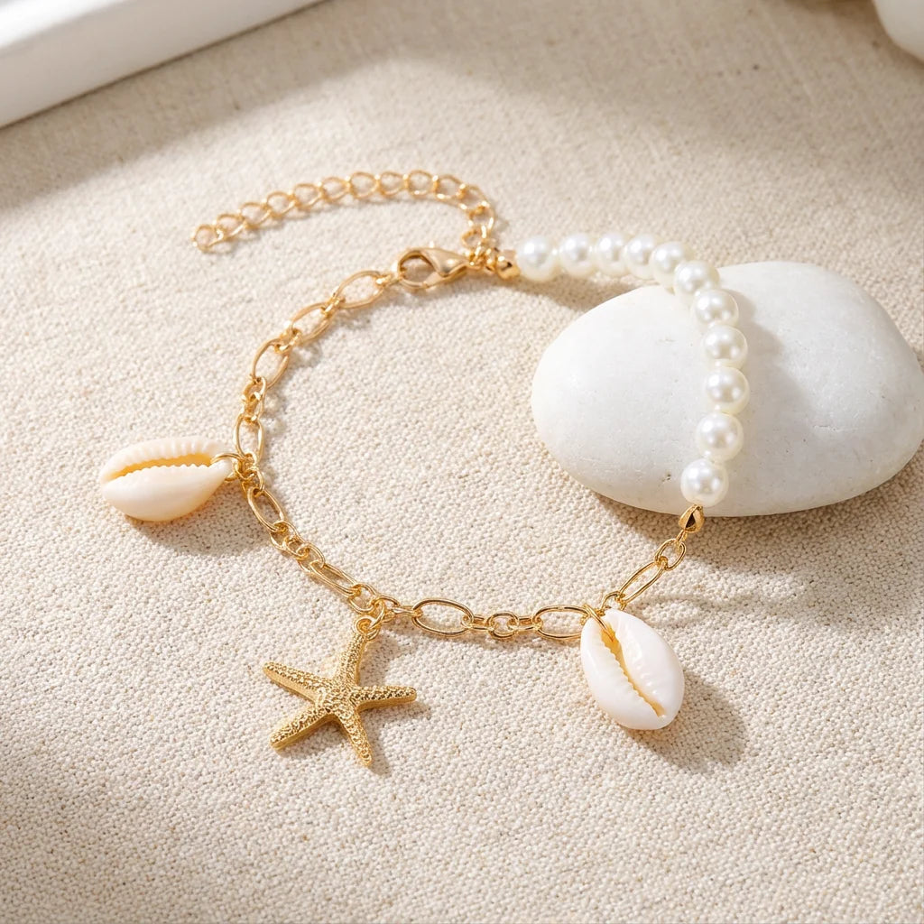 Boho Imitation Pearl Cowrie Shell Bracelet For Women Gold Color Starfish Charm Chain Bangle Summer Beach Vacation Jewelry Gift