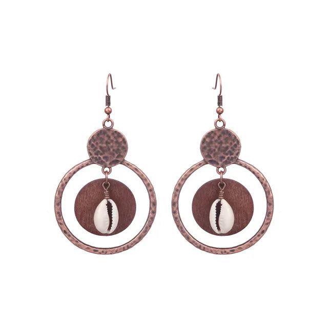 DOUVEI 2021 Ethnic Bohemia Women's Gypsy Big Bronze Wood Beads Round Drop Boho Earrings Vintage Style For Female HQE741