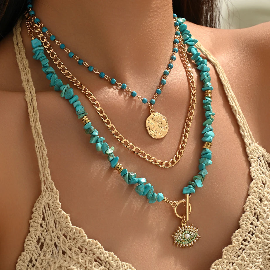 Turquoise Chip Evil Eye Moon Layered Set Jewelry
