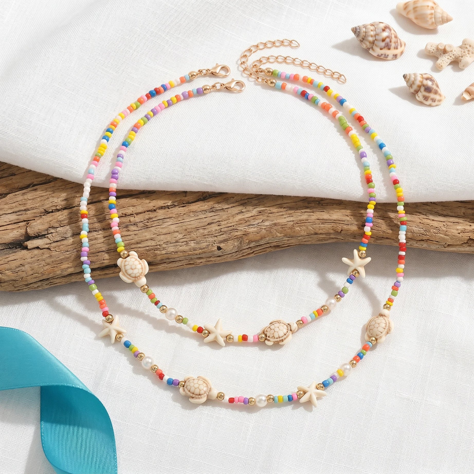 Turtle Starfish Beaded Layered Choker Necklace Jewelry