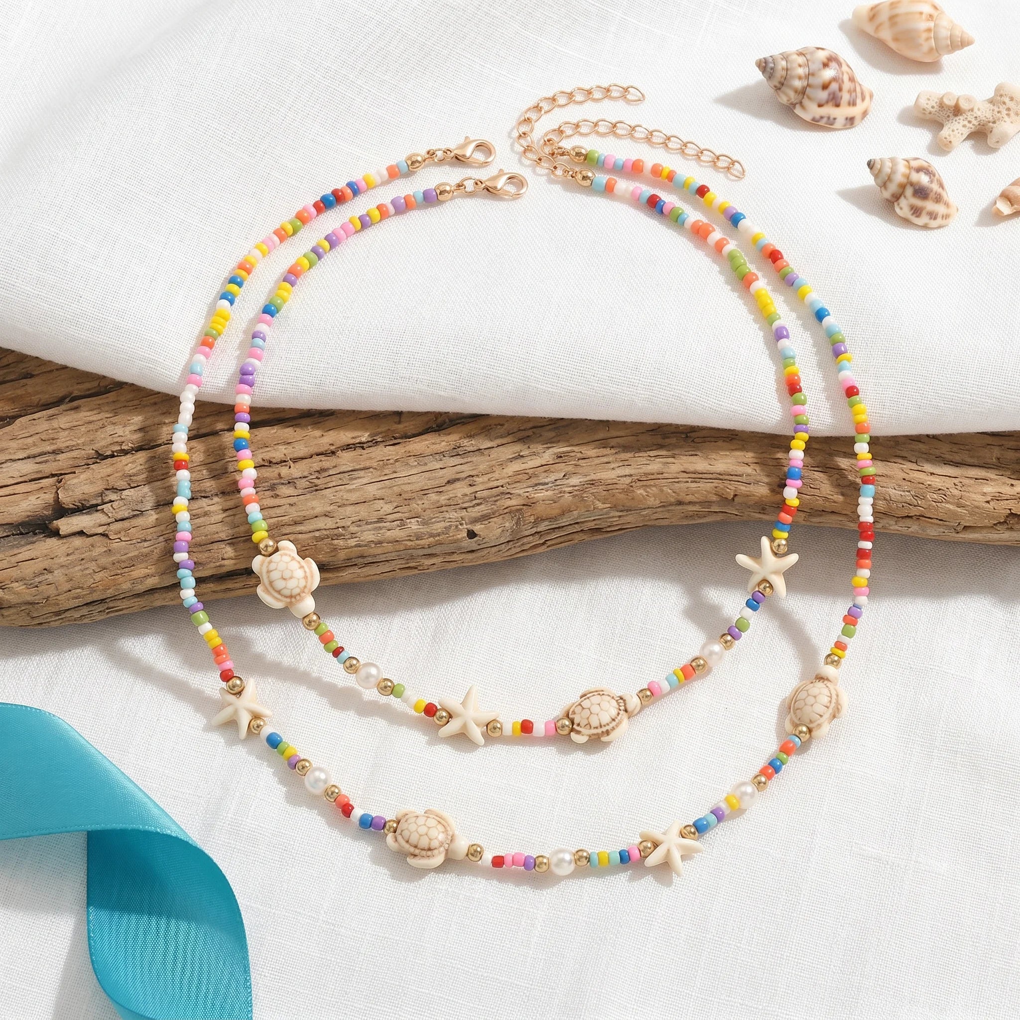 Turtle Starfish Beaded Layered Choker Necklace Jewelry