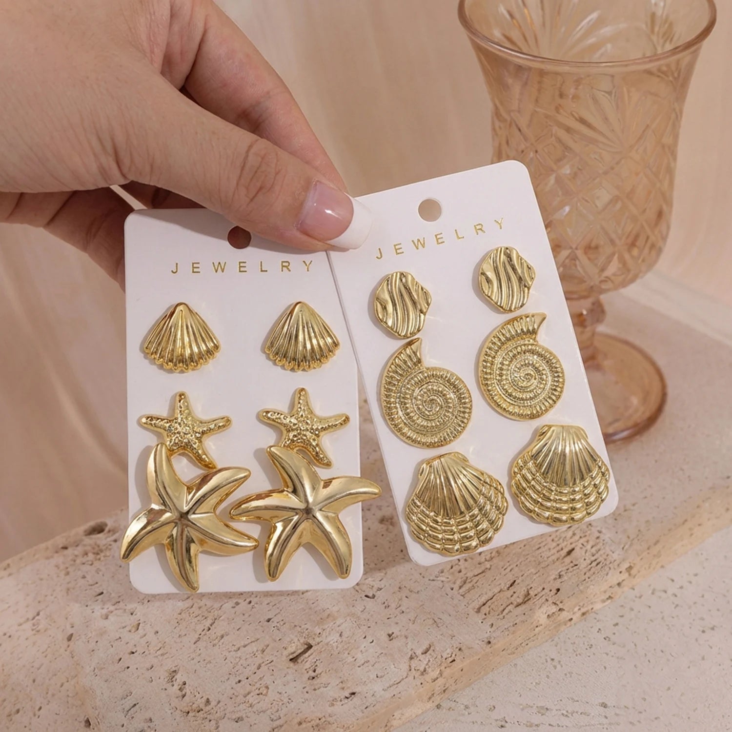 3 Pairs Gold Color Starfish Shell Stud Earrings Set for Women Fashion CCB Lightweight Star Earrings Boho Jewelry Accessories