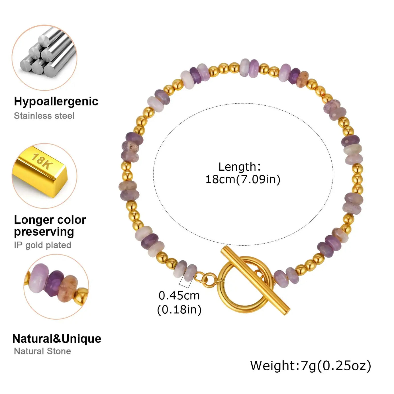 Boho Natural Stone Beaded Bracelet for Women Toggle Clasp Crystal Bead Chain Bracelet Chic Design Stainless Steel Jewelry Gift - Charlie Dolly