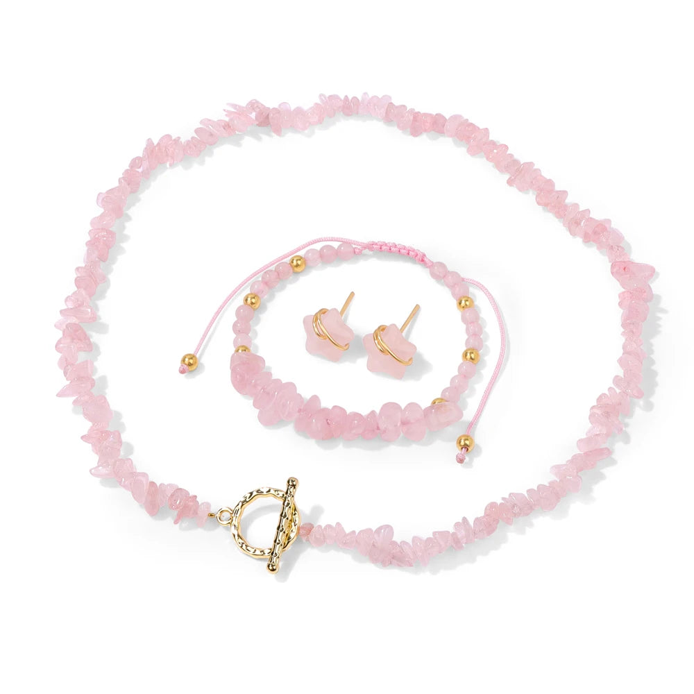 Natural Stone Lapis Lazuli Jewelry Set Quartzs Chip Beads Necklace Braided Bracelets For Women Star Shape Ear Studs Earrings