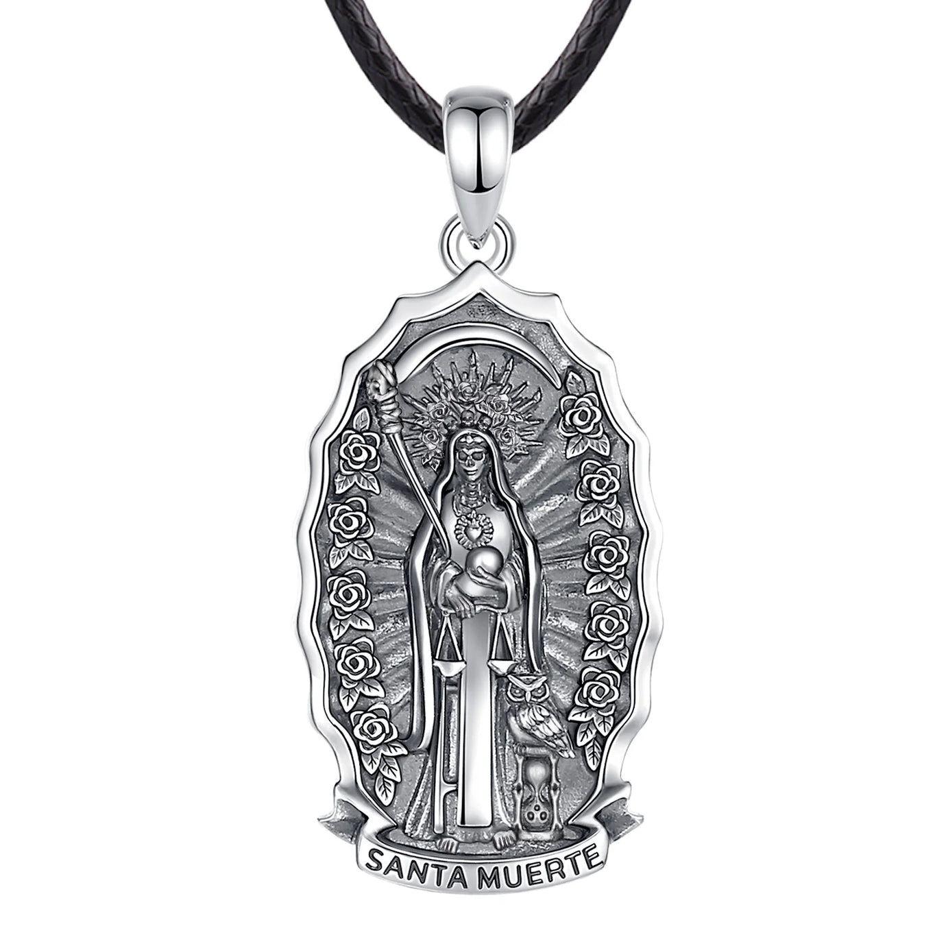 S925 Sterling Silver Santa Muerte Pendant Necklace, Holy Death Mexican Devotional Amulet