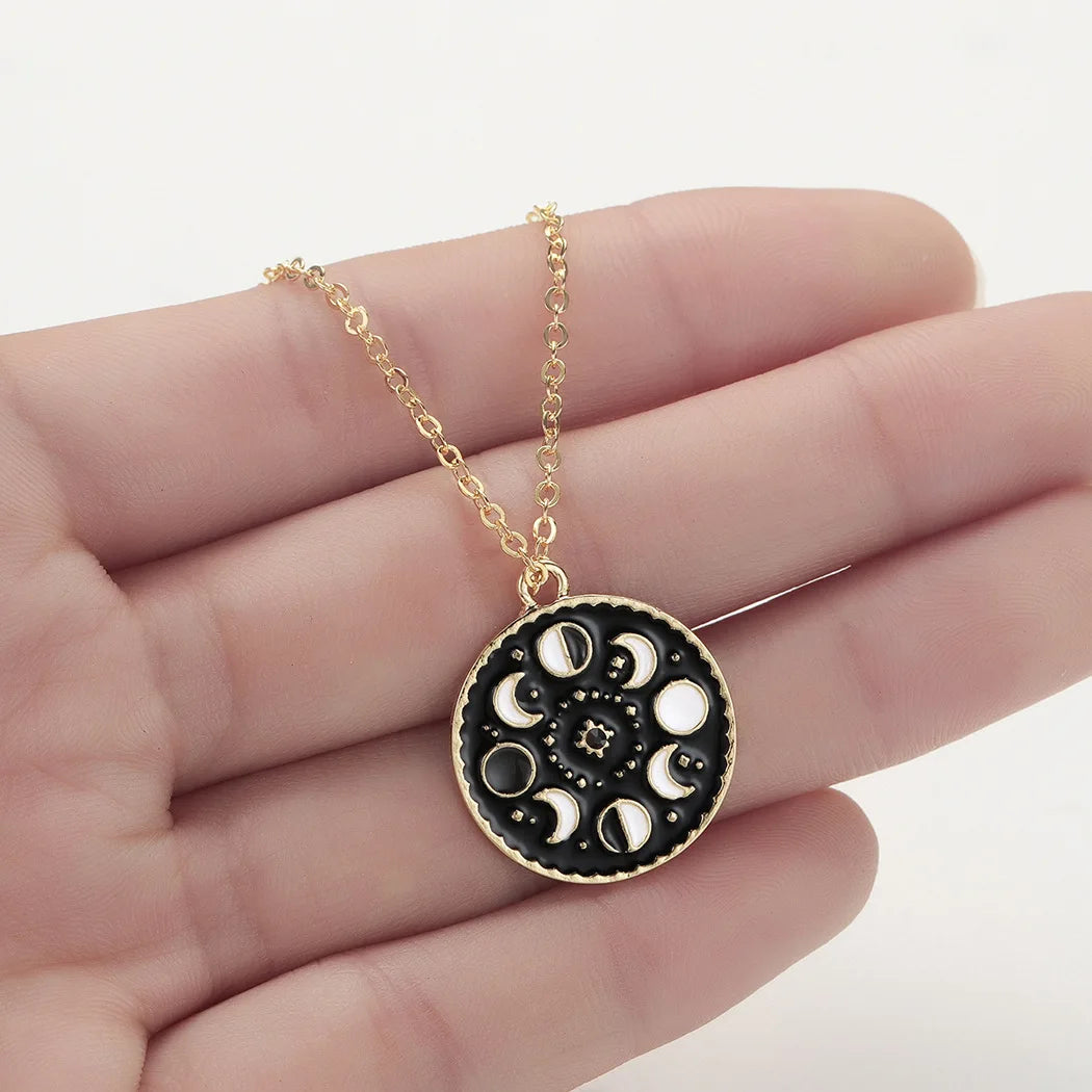 Black Enamel Moon Phase Necklace Stainless Steel Chain Choker Women Witch Crescent Moon Jewelry Gift Celestial Moonology  Bijoux