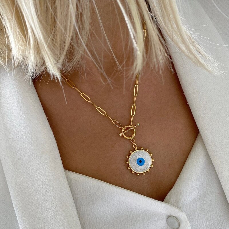 Exquisite Gold-color Eye Pendant Necklace Trend Beaded Streetwear Jewelry New Year Gifts For Women Multiple Color Options Choker - Charlie Dolly