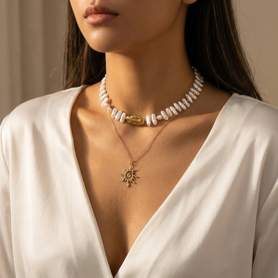 Layered Sun Pendant Bead Choker Necklace Jewelry