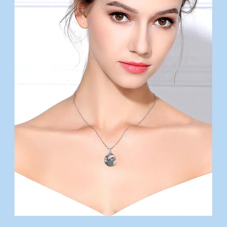 Wolf on the Moon Necklace with Moonstone, S925 Sterling Silver
