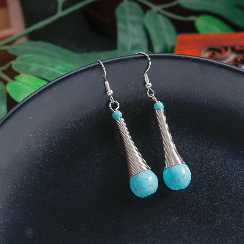 Boho Vintage Turquoise Water Drop Stud Earrings for Women Star Heart Flower Tribe Earring Statement Valentine Day Gift Jewelry