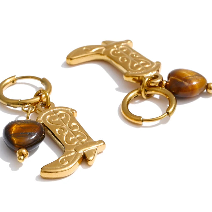 Natural Tiger Stone Boot Charm Drop Hoop Earrings, Stainless Steel Vintage Jewelry