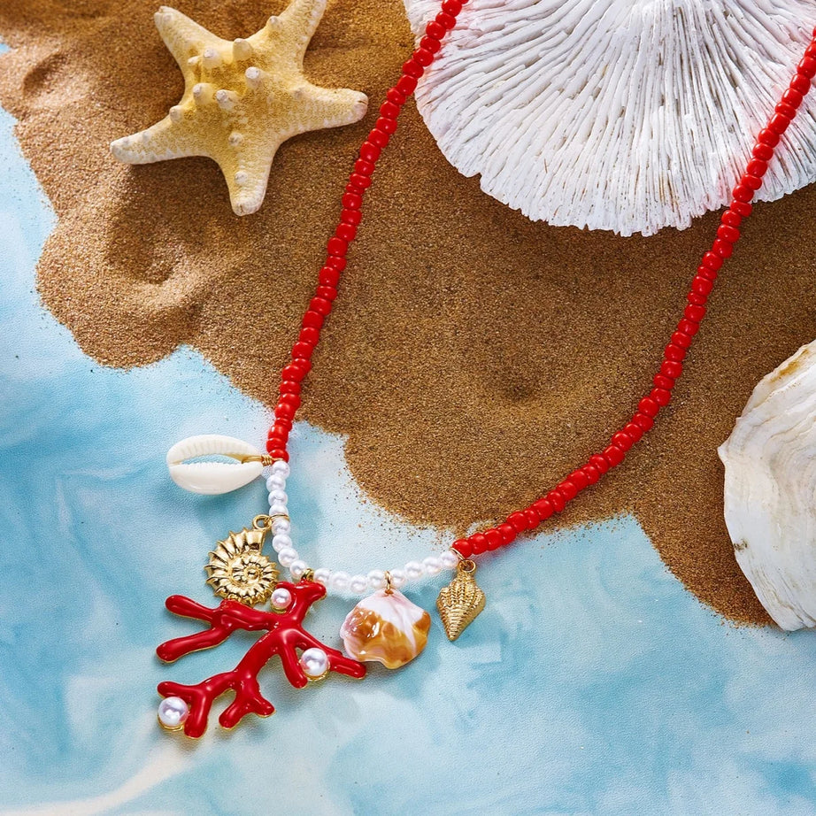 Coral, Rice Bead and Shell Boho Necklace, Earring or Ring