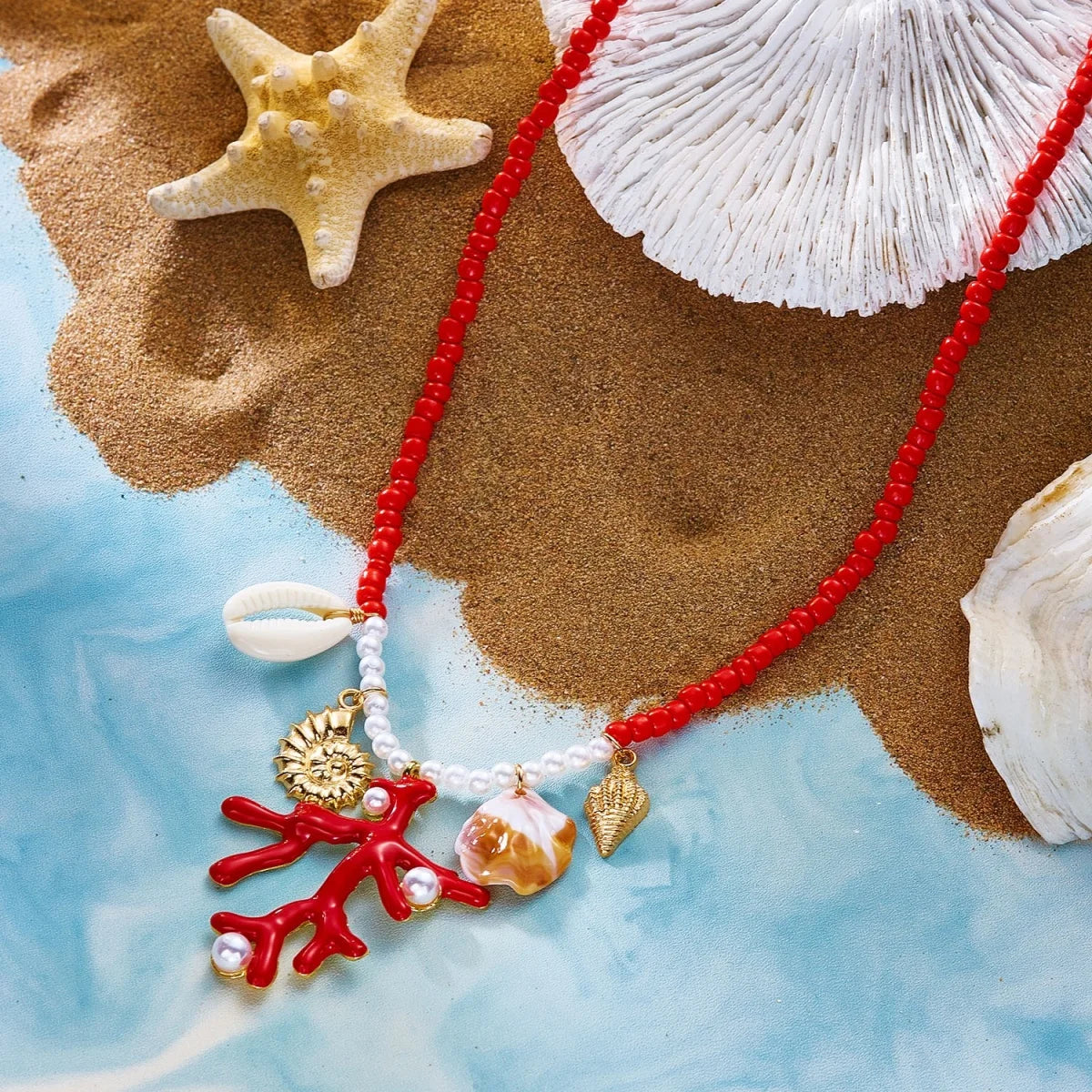 Summer Rice Beads Resin Coral Shell Pendant Necklace For Women Men Boho Summer Conch Choker Vacation Party Fashion Jewelry Gifts