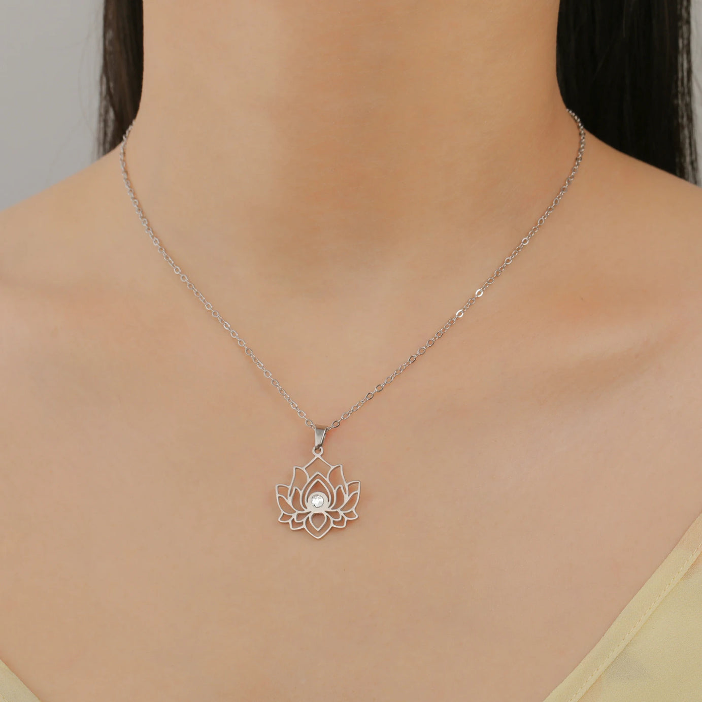 Lotus Zircon Chakra Pendant, Stainless Steel Yoga Amulet