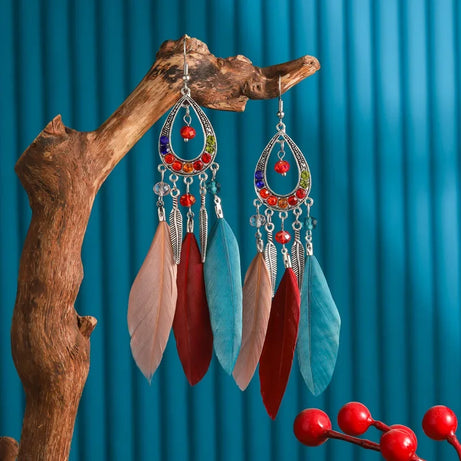 Feather Crystal Tassel Boho Dangle Earrings Jewelry