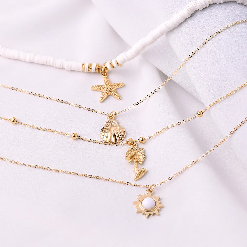 Fashion Boho Summer Beach Jewelry Necklace for Women Soft Pottery Starfish Shell Pendant Vintage Sun Multi Layer Ckokers Gifts