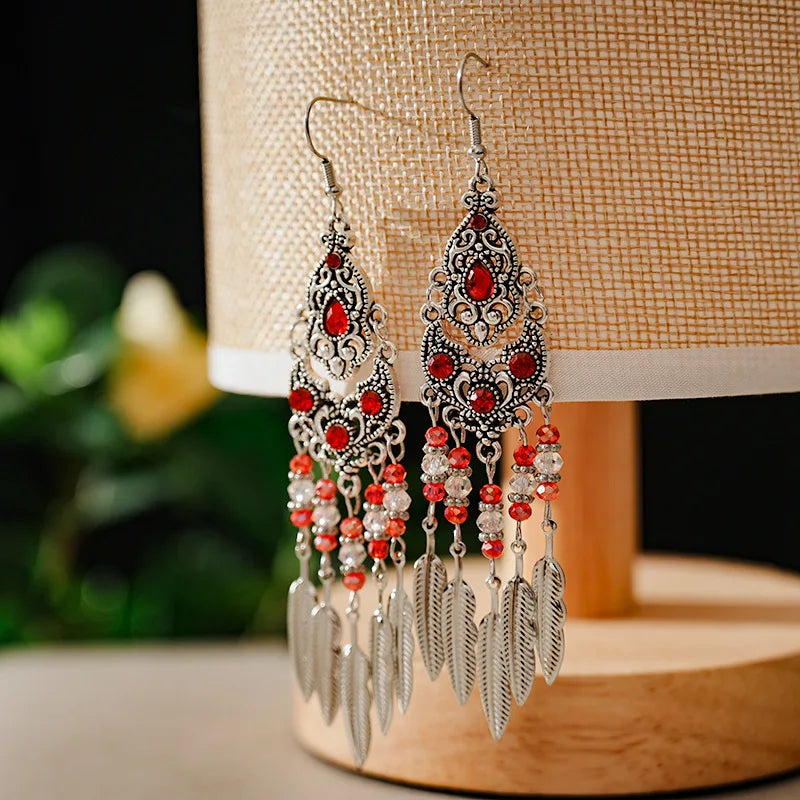 Boho Vintage Leaf Tassel Earrings For Women Geometric Crystal Rhinestone Beads Handmade Beach Vacation Drop Dangle Jewelry Gift